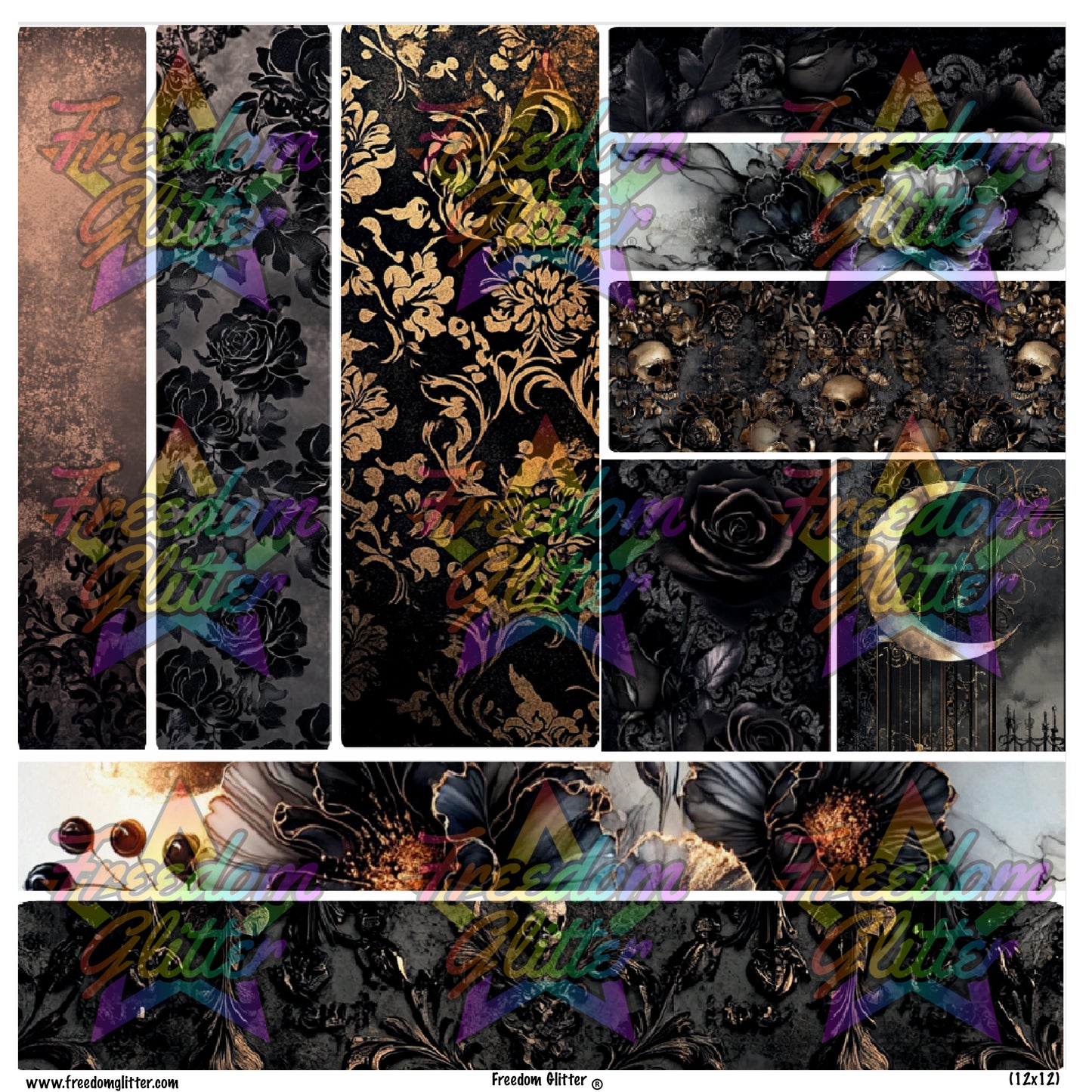 Mixed Image Sheet - Black & Gold Floral and Skulls (Printed Vinyl)