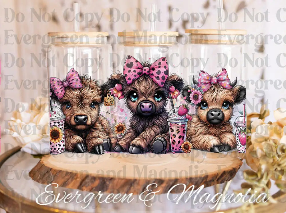 Highland cow pink bow trio