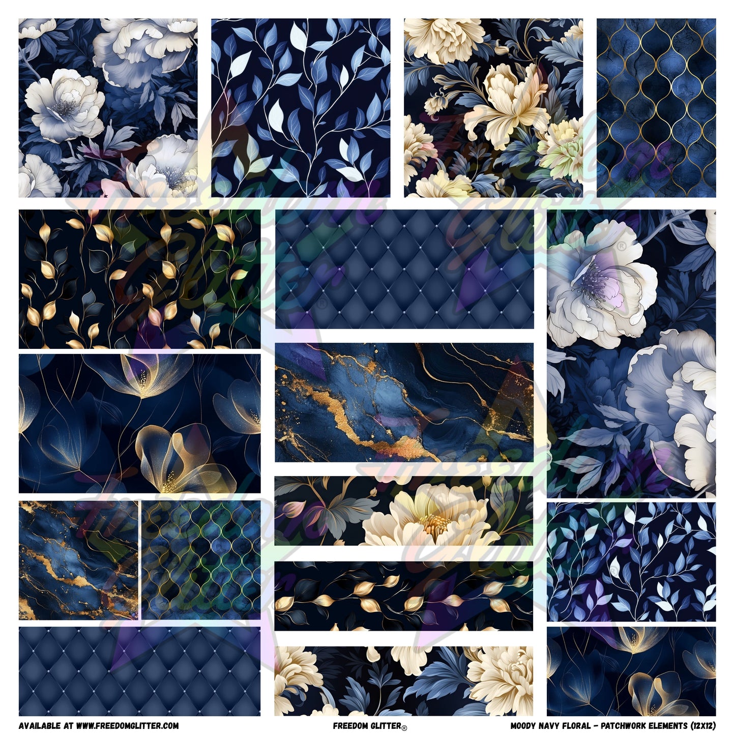 Patchwork Elements - Moody Blue Floral (Printed Vinyl)