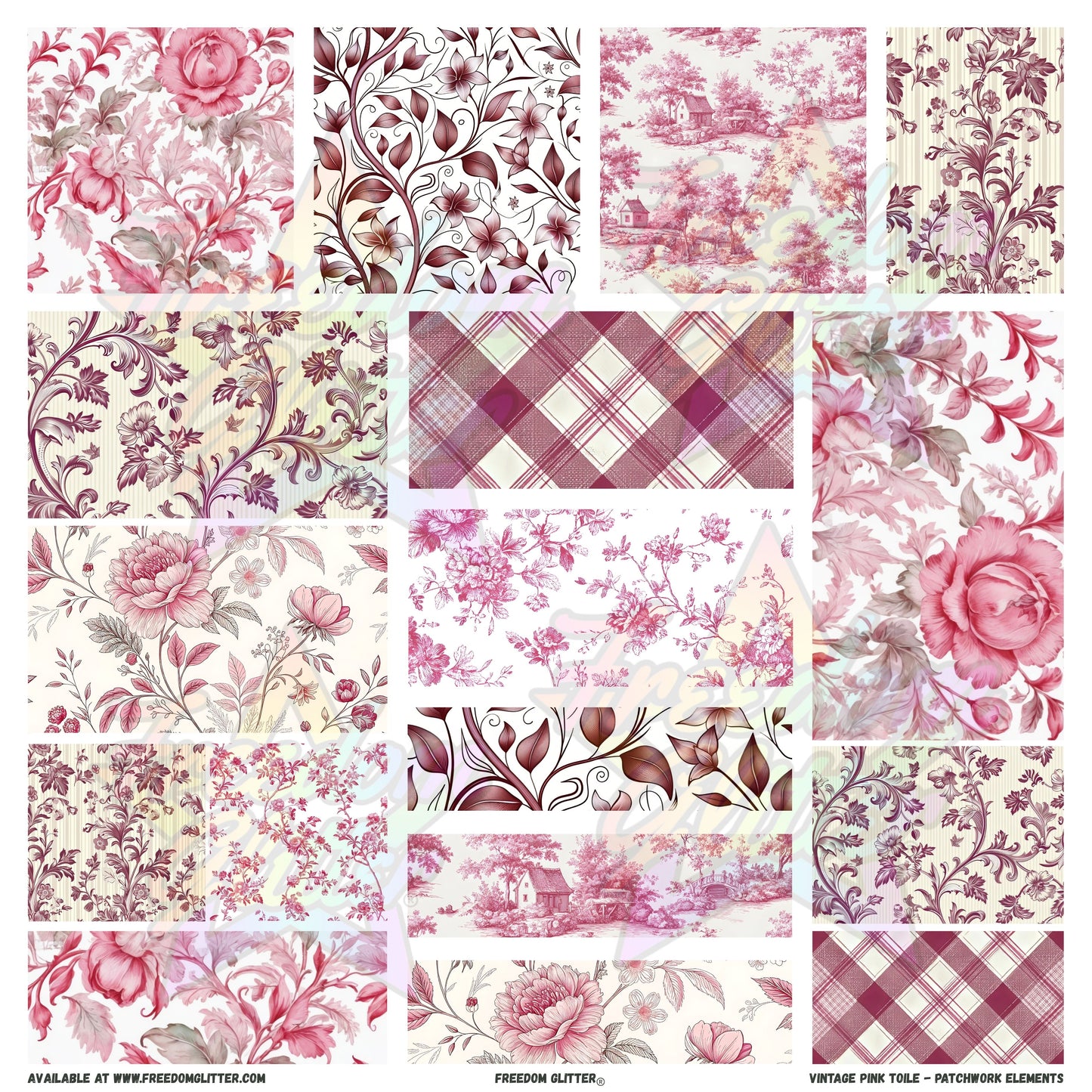 Patchwork Elements - Vintage Pink Toile (Printed Vinyl)