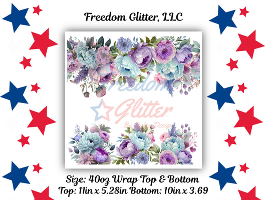 40oz. Blue & Purple Floral Wrap (Top & Bottom) Decal (UVDTF)