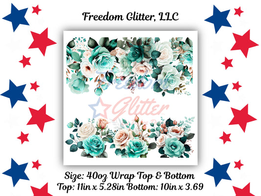 40oz. Teal & White Floral Wrap (Top & Bottom) Decal (UVDTF)