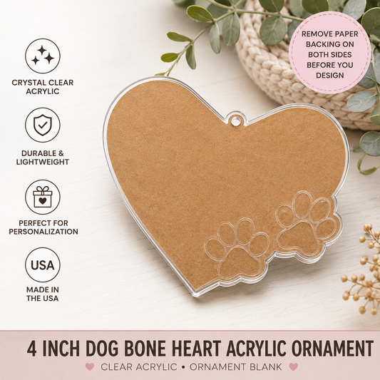 Heart with Two Paw Prints Acrylic Ornament Blank – 4"