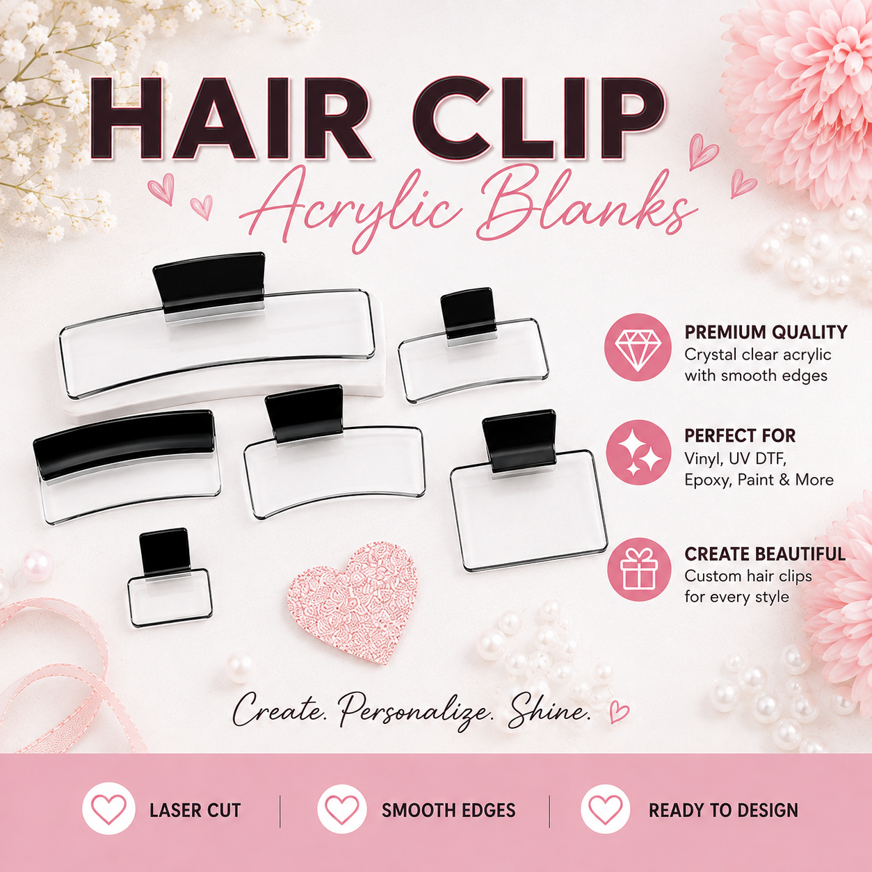 Clear Acrylic Hair Claw Clip Blanks – Set of 2 | 6 Sizes