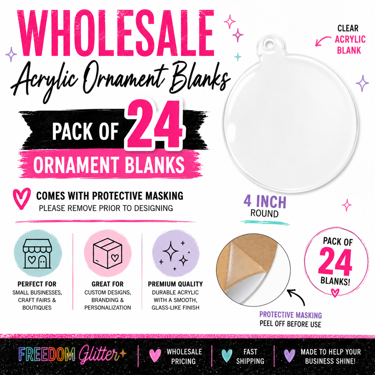 Wholesale 4" Round Acrylic Ornament 2 Blank Bundle – Pack of 24