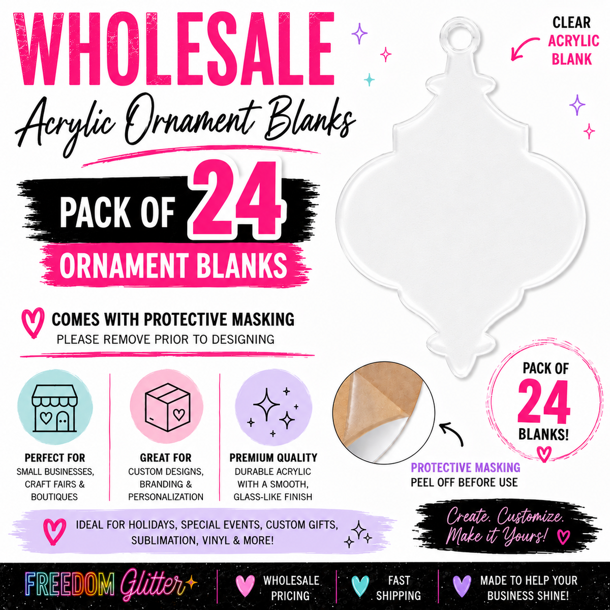 Wholesale 4" Decorative Acrylic Ornament 2 Blank Bundle – Pack of 24