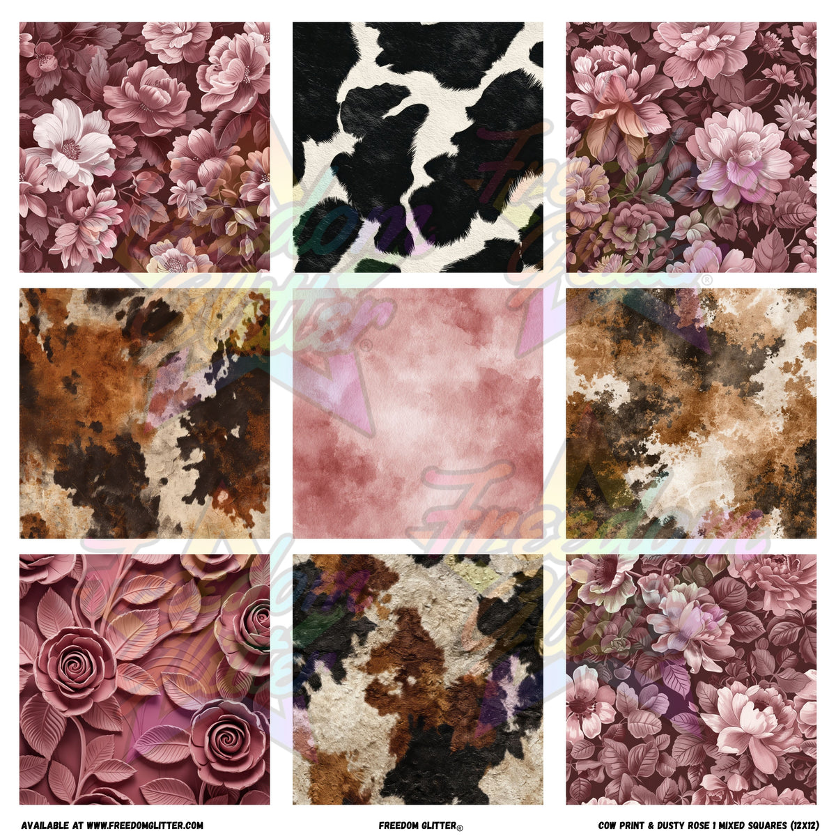 Cow Print Roses Mixed Squares - Cow Print & Dusty Rose 1 (Printed Vinyl) โ Freedom Glitter