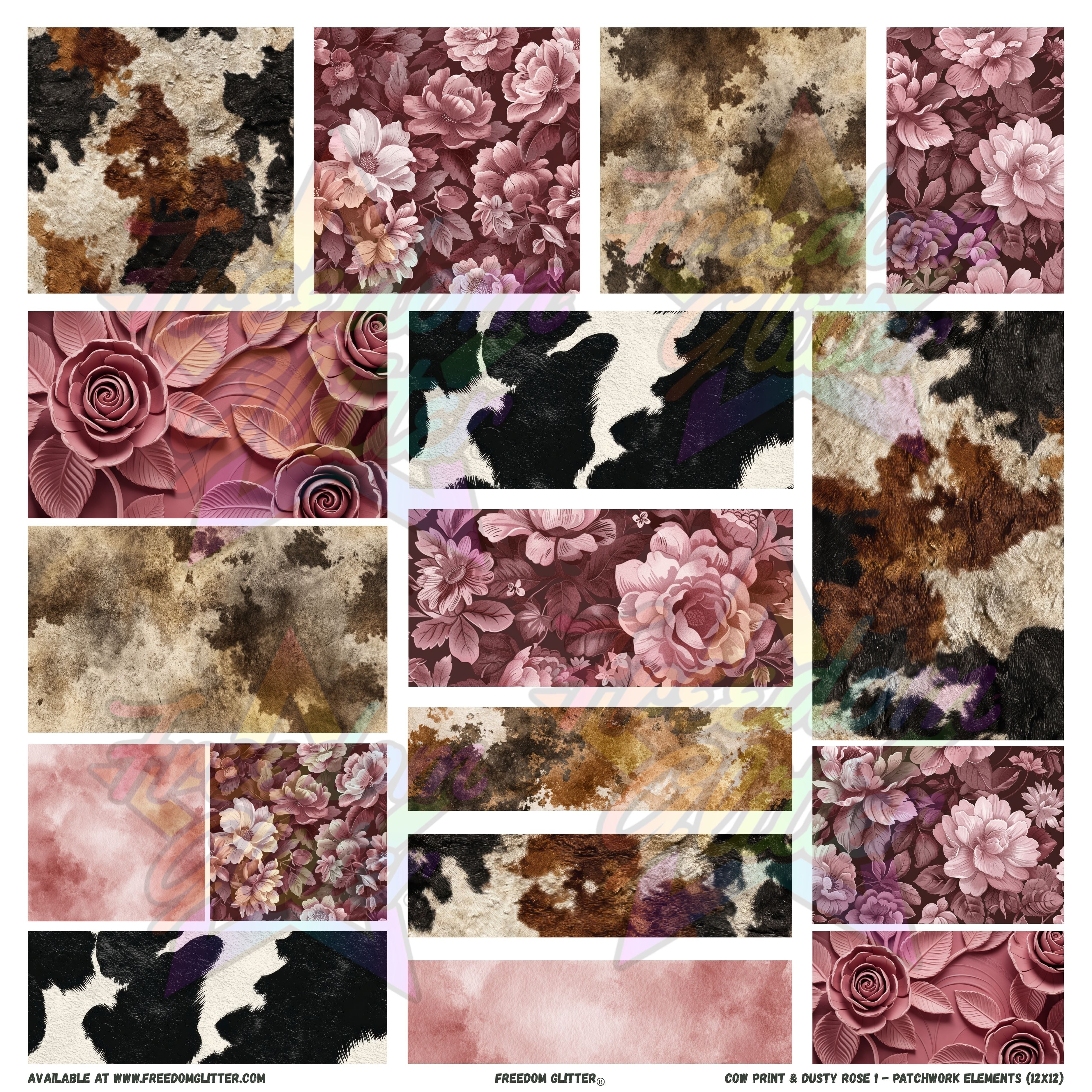 Cow Print Roses Patchwork Elements - Cow Print & Dusty Rose 1 (Printed Vinyl) โ Freedom ...