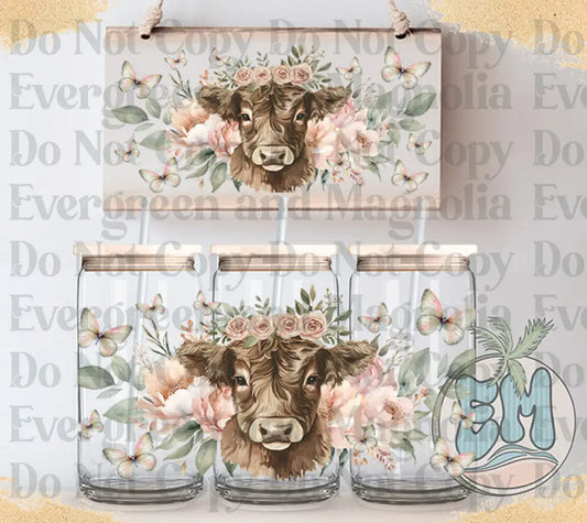 Floral boho watercolor cow