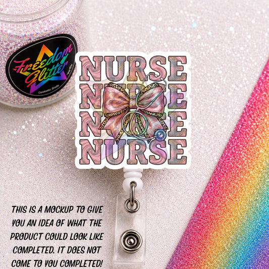 Nurse - Pink Bow & Leopard Print 2" Badge Reel Acrylic Blank