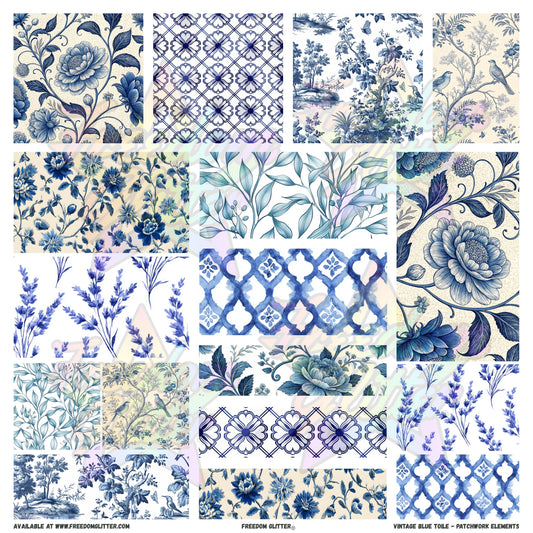 Patchwork Elements - Vintage Blue Toile (Printed Vinyl)