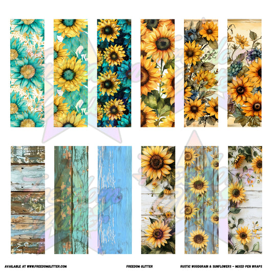Mixed Pen Wraps - Rustic Woodgrain & Sunflowers (Printed Vinyl)