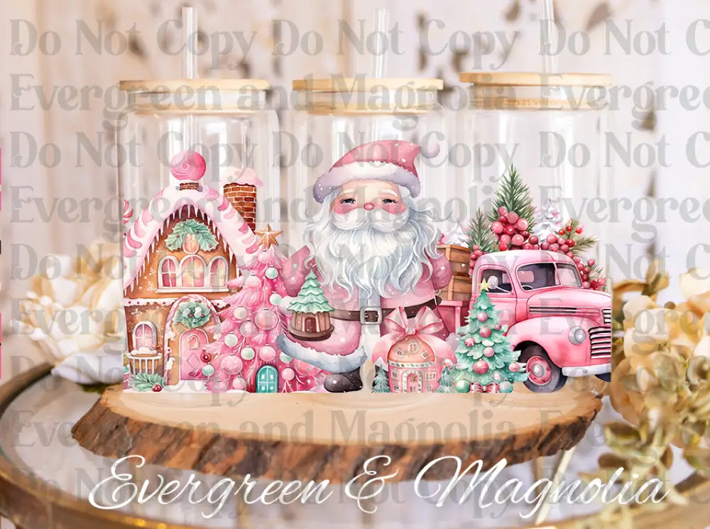 Pink Christmas Santa Claus-Christmas Tree - Christmas Truck 16oz glass wrap