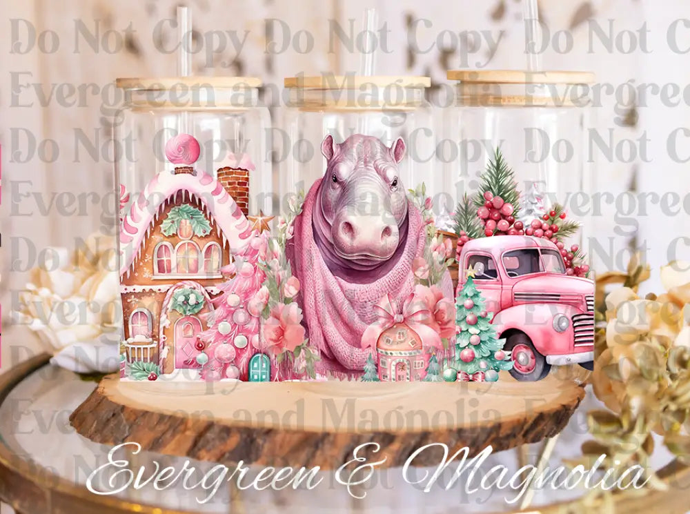 Pink Christmas cute hippo 1