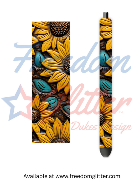 Sunflower Tooled Leather 5 Pen Wrap (Vinyl)
